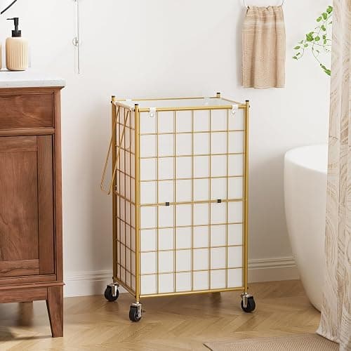 WOWLIVE Laundry Hamper with Wheels,Metal Wire Frame Rolling Laundry Basket with Removable bag,100L Dirty Clothes Hamper Organizer Dorm Room Storage for Bedroom,Bathroom,Golden thumbnail 2