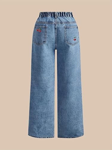 Gold Toucher Women Casual Cute Cherry Denim Pant Y2K Sweet Wide Leg Jeans thumbnail 4
