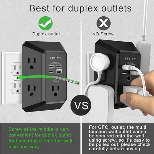 USB Wall Charger, Surge Protector, QINLIANF 5 Outlet Extender with 4 USB Charging Ports (4.8A Total) 3-Sided 1680J Power Strip Multi Plug Outlets Wall Adapter Spaced for Home Travel Office, Black thumbnail 3