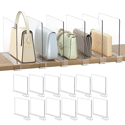 Shelf Dividers Purse Organizer for Closet: 12-Pack Acrylic Bag Storage Organizer for Handbags, Clutches, Clothes, Sweater, Towel - 12-Pack - Image 1