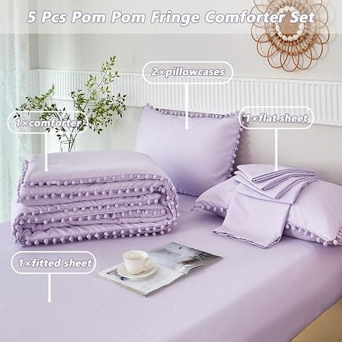 PERFEMET 5 Pieces Lavender Purple Comforter Set Twin Aesthetic Boho Solid Bed Comforter Sheet Set with Pompoms Soft Microfiber Light Purple Bed in A Bag for Girls Kids(Lavender, Twin) thumbnail 3