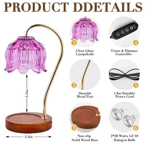 Purple Flower Candle Warmer Lamp with Timer - Electric Candle Heater for Women's Gifts, Mom, Friends, Vintage Home Decor(Includes 2 Bulbs) thumbnail 4