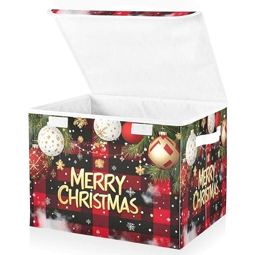 Bolaz Storage Bins with Lids and Handles,Christmas Red Plaid Storage Box Storage Basket with Cover Collapsible Organizer Containers for Home Closet, Shelves - Image 1