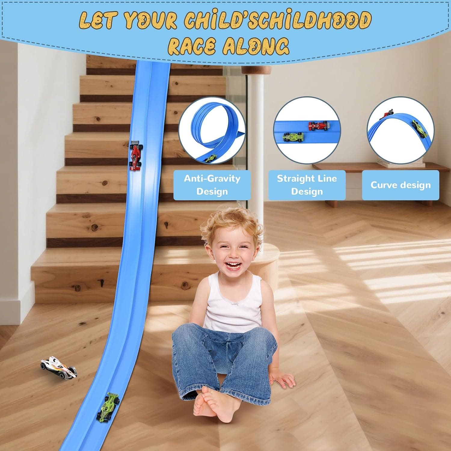 Flexible Race Car Track,16 Ft/5M Portable Dual Sided Racetrack with 4 Car & Suction Cups, Compatible with Hot Wheels & 1/64 Diecast Cars, Classic Long Rolls Up Race Track for Boys Girls (Blue) thumbnail 5