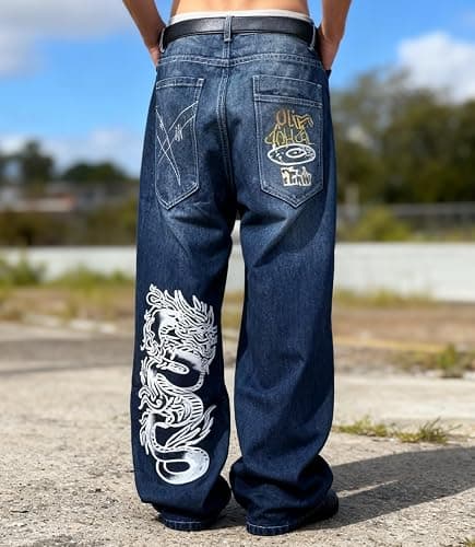 Unisex Y2K Hip Hop Street Jeans with Skeleton Print, Gothic Baggy Jeans, Vintage High Waist Denim, Wide Leg Pants thumbnail 7