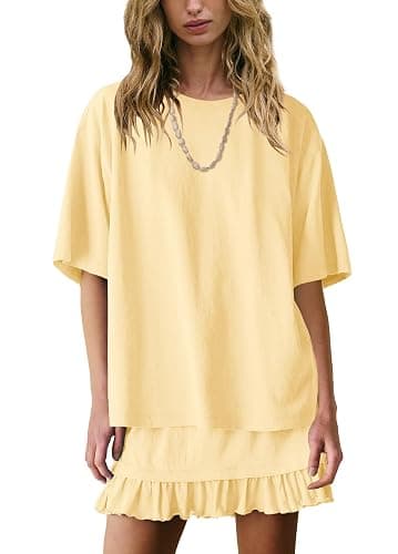 Panadila Women 2 Piece Skirt Sets Short Sleeve Tops Flowy Skirts | Summer Matching Sets, Lounge Set, Beach Vacation Outfits, Mini Skirts, Going Out, Crew Neck, Oversized Tshirts, Pleated Skirt - Image 1