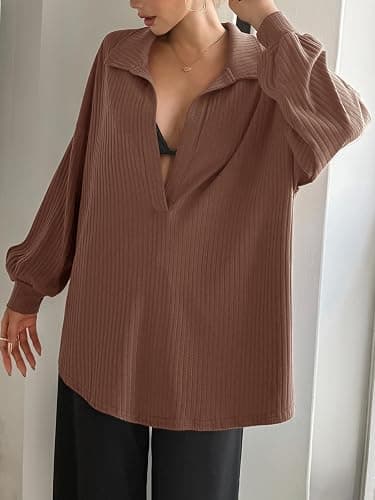 Fisoew Womens Oversized Deep V Neck Sweatshirts Casual Collared Long Sleeve Ribbed Knit Pullover Tops thumbnail 3