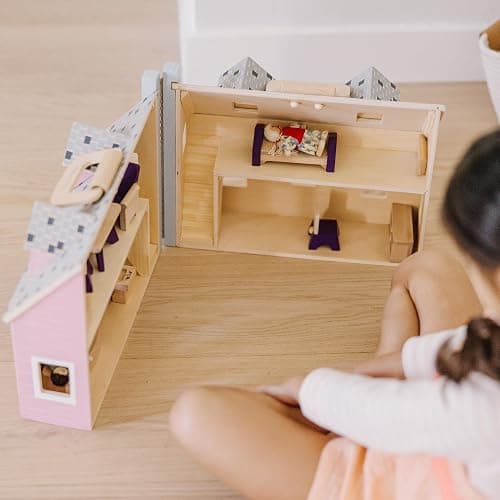 Melissa & Doug Fold & Go Wooden Dollhouse with 2 Dolls and 11 Pieces of Furniture - Portable Mini Doll House with Accessories and Toy Figures, Ages 3+ thumbnail 7