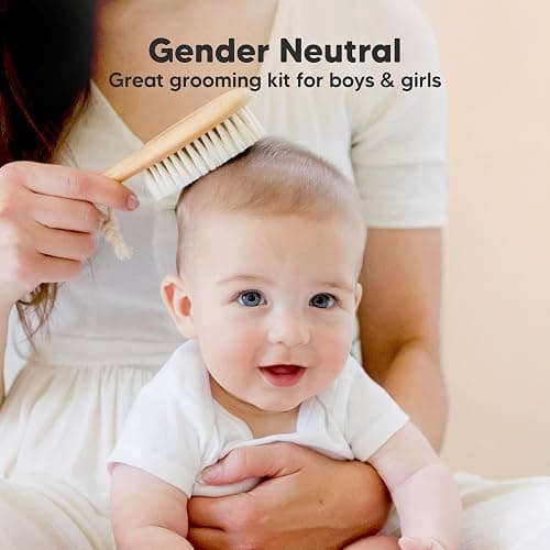 Baby Hair Brush Set for Newborns - Soft Goat Bristle Wooden Baby Brush and Comb Set Newborn Grooming Kit for Cradle Cap, Durable & Gentle, Boy, Girl Infant Essentials Care Kit (Oval, Walnut) thumbnail 8