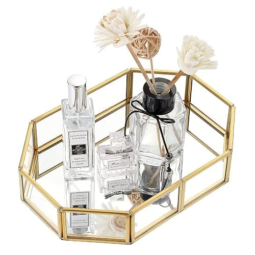 Hipiwe Mirror Glass Vanity Tray - Gold Ornate Makeup Vintage Octagonal Perfume Dresser Jewelry Trinket Organizer for Bathroom Storage Home Decor - 8" x 5.7" x 1.8" thumbnail 3