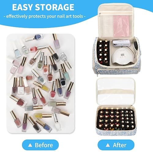 CUBETASTIC Extra Large Nail Polish Organizer Case Holds 86 to 100+ Bottles Nail Polish & Nail Lamp, Nail Supplies Storage Carrying Bag with 2 Removable Pouches (Blue Floral, 86 Slots) thumbnail 2