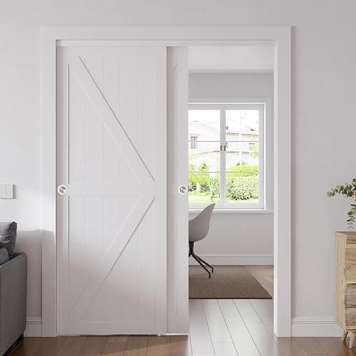 SMARTSTANDARD Sliding Closet Door, 60x80 Inch Double Barn Doors, Double K Shape Sliding Door with Hardware Kit, Pre-Drilled MDF Panel with PVC Surface, White thumbnail 4