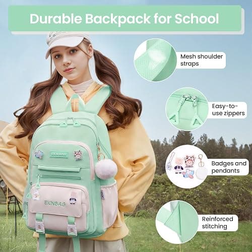 Tanou School Backpacks for Girls, 20 Liters Kawaii Girls School Bag with Pendant, Lightweight Nylon Childrens Backpack for Primary Junior School, Green thumbnail 3