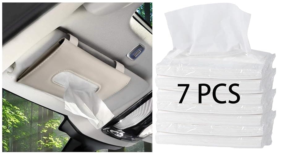 Leather Car Tissue Dispenser with 7 Refill Box, Napkin Case, Tissue Paper Refill for Visor - Beige - Beige - Image 1