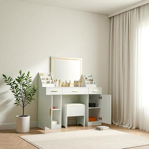Sylvan Gravity Large Vanity Desk with Mirror and Lights,Makeup Vanity Desk with Folding up Mirror,2 Makeup Organizers and Outlet,for Bedroom,White thumbnail 5