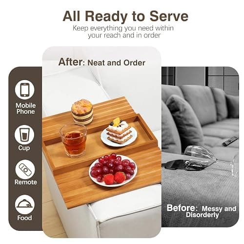 Kssiaz Couch Arm Tray, Bamboo Sofa Tray Table for Couch, Sofa Armrest Table, Anti-Slip Armrest Organizer, Foldable Couch Cup Holder for Snacks, Phone, Control, Cups, Light Brown thumbnail 3