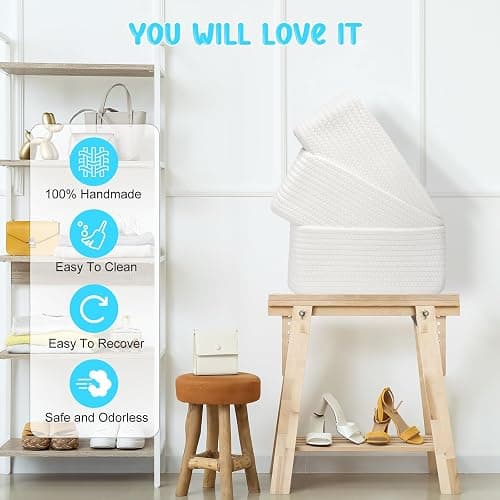 Maxuni 3-Pcs Shelf Baskets for Organizing, Closet Organizer Bins, Small Woven Baskets, Rope Toy Basket, Storage Basket for Shelves, Cube Decorative Box, 11.8×7.8×5.1”, White thumbnail 4