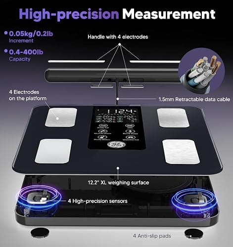 GE Smart Scale for Body Weight: 8-Electrode Digital Bathroom Scale for Weight Fat BMI Muscle Mass Full Body Composition Analyzer 27 Measurements Bluetooth Highly Accurate Weighing Machine, 400 lbs thumbnail 5