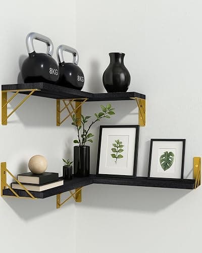 BAYKA Floating Shelves for Bedroom Decor, Wall Shelves for Storage, Wall Mounted Rustic Wood Floating Shelf for Books,Corner Shelf for Bathroom,Kitchen,Living Room(Black and Gold，Set of 4) thumbnail 9