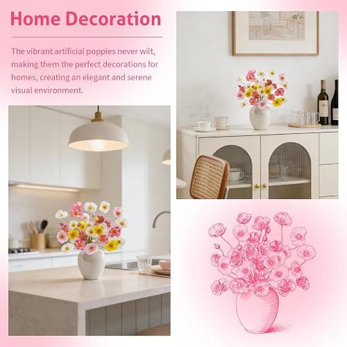 Wenhuidr 12PCS 36Heads Artificial Poppy Flowers with Stems, Silk Iceland Poppies Fake Flowers, Faux Poppy Bouquet for Wedding Table Arrangements Party Floral Display Home Decor (White+Yellow+Pink) thumbnail 3