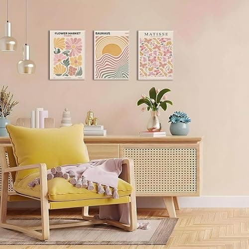BingruiArt Boho Abstract Wall Art Yellow Canvas Flower Market Posters Set of 3 Bauhaus Pictures Matisse Print Floral Aesthetic Painting Decor for Dorm Living Room Bedroom 12"x16" Framed thumbnail 7