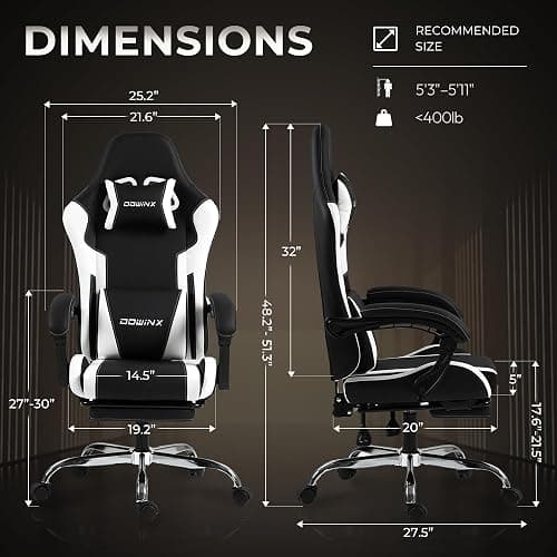 Dowinx Ergonomic Gaming Chair with Footrest, Heavy Duty 330lbs Office Chair, Massage Lumbar Support, Adjustable Height & Headrest Pillow, Comfortable for Back Pain Relief Streaming Long Gaming White thumbnail 3