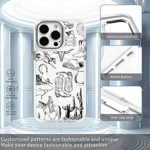 Case for iPhone 16 Clear,Compatible with MagSafe,Anti-Scratch Magnetic Case,Western Collage Cowboy Black thumbnail 6