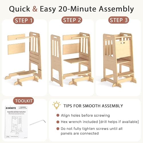 WINGYZ Toddler Tower - Anti-Tip Natural Wood Learning Stool for Kids 18M-6Y, 150lb Capacity Kitchen Helper Stool with 3-Height Adjustable Platform and Sliding Door Access, 20lb Portable Design, Wood thumbnail 9
