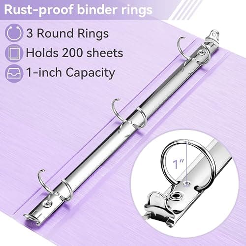 SUIN 1 Inch 3 Ring Binder, Clear 1'' View Presentation Binders with 2 Pockets, Fits 8.5 x 11 Letter Size, Durable Polypropylene, Non-Stick & PVC-Free for School, Office & Home (Brushed Lavender) thumbnail 3