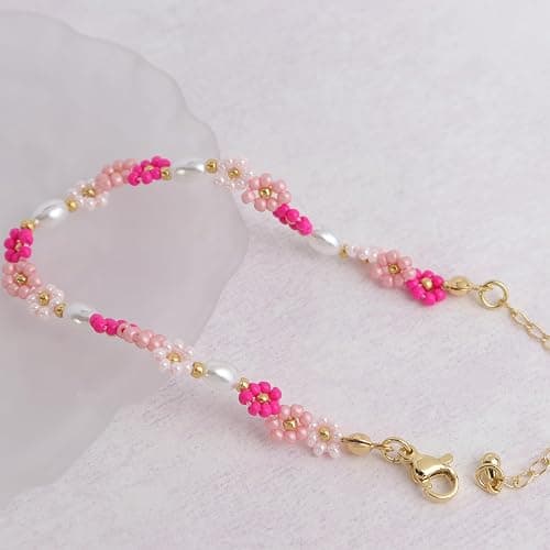 Agriajun Colorful Daisy Flower Beaded Bracelets for Women, Cute Handmade Floral Gold Beads Adjustable Bracelet Spring Boho Jewelry Gift thumbnail 6