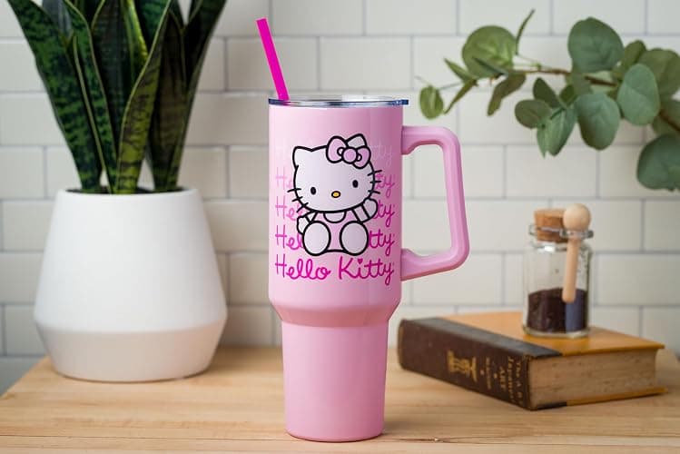 Silver Buffalo Sanrio Hello Kitty Waving, Stainless Steel Tumbler, 40oz | Double Walled, Includes Handle and Straw, Fits in Standard Cup Holder, Drinkware, Water Bottle, Pink, 1.18 Liters thumbnail 2