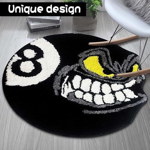 Angry 8 Ball Rug, 24" Cool Rugs for Bedroom Men, Black Round Area Rug for Man Cave, High-Pile Flocking Soft Aesthetic Carpet for Living Room Decor, Hypebeast Room Decor thumbnail 5