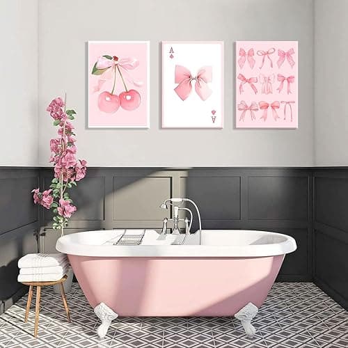 Coquette Pink Bow Canvas Wall Art Set of 3, Cherry Bow Posters Prints for Bedroom, Dorm, Bathroom Decor Painting Preppy Aesthetic Girls Room Decor Artwork for Women Teens Tween 12x16 Inch Framed thumbnail 7