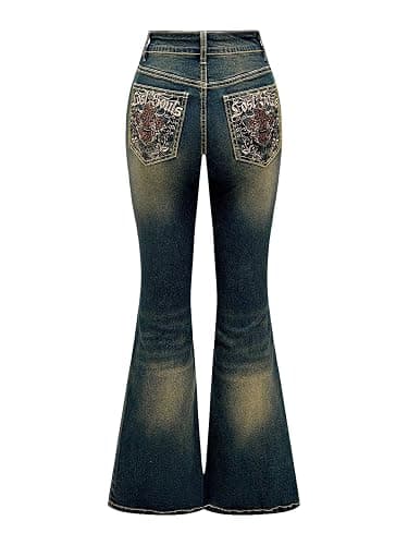 MakeMeChic Women's Flared Jeans Bell Bottom Jeans Embroidered Y2K High Waist Stretchy Denim Pants - Image 1