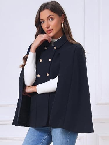 Allegra K Womens Cape Coat Winter Vintage Double Breasted Cloak Outwear | Slit Sleeve Elegant,Relaxed Cloak,Classic Peacoat,Winter Wrap with Pockets,Soft Overcoat,Business Casual Wear thumbnail 5