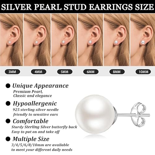 Senteria 925 Sterling Silver Pearl Earrings Studs Set Hypoallergenic Small Stud Earrings Lightweight Shiny Earrings Studs for Women 6 Pairs 3-10MM thumbnail 5