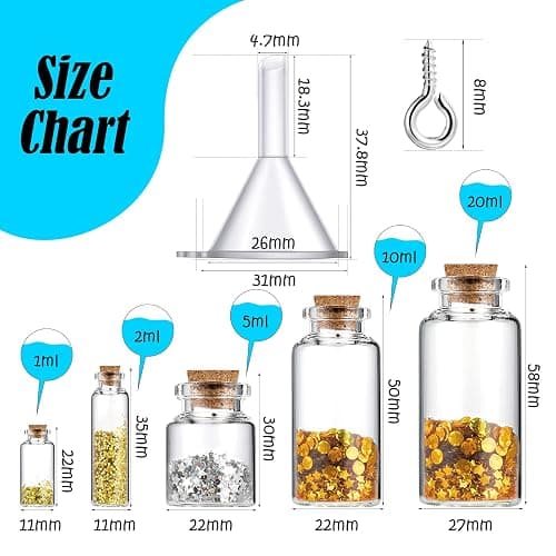 Geiserailie 45 Pcs Mini Glass Bottles with Cork Stoppers Spell Jar Mini Glass Vials Potion Bottles Clear Wishing Jars with 50 Eye Screws 3 Funnels for Party Favors DIY Art Crafts Decoration, 5 Sizes thumbnail 3
