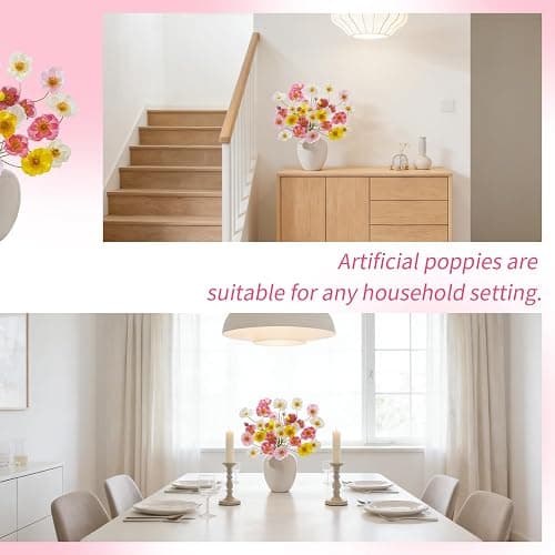 Wenhuidr 12PCS 36Heads Artificial Poppy Flowers with Stems, Silk Iceland Poppies Fake Flowers, Faux Poppy Bouquet for Wedding Table Arrangements Party Floral Display Home Decor (White+Yellow+Pink) thumbnail 6