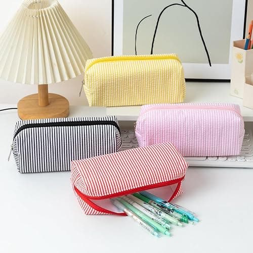 HFHungkeong Cute Pencil Case, Seersucker Pencil Bag Desktop Stationery Finishing Large Capacity Embroidery Striped Travel Storage Bag, Multifunctional Cosmetic Pouch(Pink White) thumbnail 4