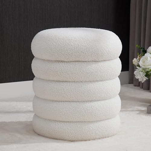 DM Furniture White Round Storage Ottoman Upholstered Sherpa Foot Stool Ottoman Small Boucle Foot Rest Stool for Dorm/Living Room/Entryway/Bedroom - Image 1