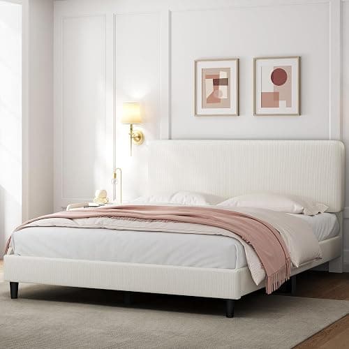 Yaheetech Queen Bed Frames with Adjustable Headboard, Chenille Fabric Upholstered Headboard/Platform Bed, Queen Size Bed Frame No Box Spring Needed/Wood Slats Support/Easy Assembly/Beige thumbnail 3