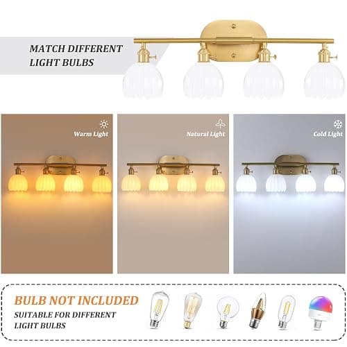 Shenmoyl Bathroom Light Fixtures, 4-Light Brass Vanity wall Light Over Mirror with White Tulip Glass Shade for Bedroom Living Room (Bulb Not Included) thumbnail 4