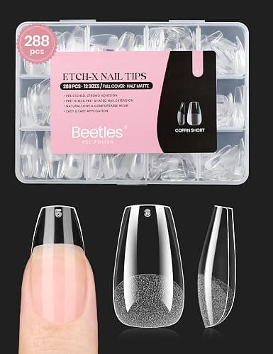 Beetles Gel Nail Tips Short Coffin Pre-Etched Nail Tips, 12 Sizes 288 Pcs Full Cover Soft Tips Half Matte False Nails Clear Acrylic Press on Nails Extension DIY Manicure Gifts for Women - Image 1