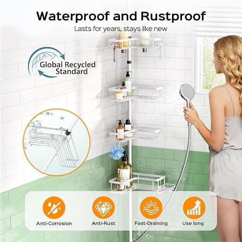 HAMITOR Corner Shower Caddy White: 4-Tier Rustproof Bathroom Bathtub Organizer Shelf with Soap Holder & Hooks - No-Drill Adjustable Standing Tension Pole Rack for Apartment Renters - 47-123 Inch thumbnail 2