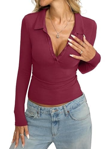 Womens Cotton Polo Collared Shirt Long Sleeve Sexy Deep V Neck Top Button Up Slim Fitted Tee Business Casual Outfit thumbnail 4