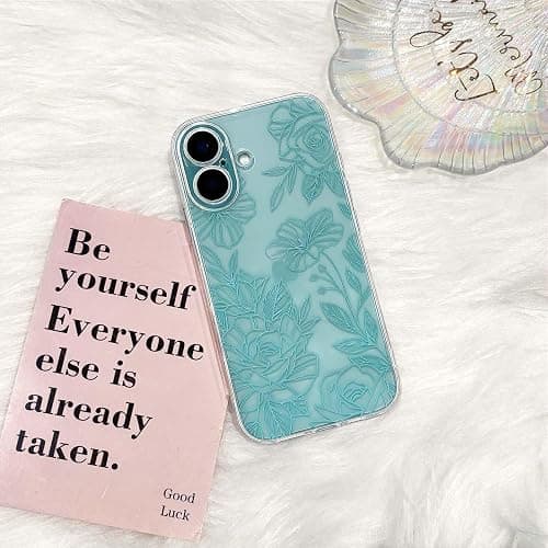 NITITOP Compatible with iPhone 16 Case Cute Clear Floral Flower Pattern for Girls Women Soft TPU Full Camera Lens Shockproof Protective Phone Cover - Teal thumbnail 3