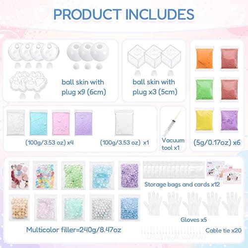 Lomantank DIY Stress Ball Making Kit, 12 TPR Skins in 4 Shapes, 26 oz Assorted Fillers, Slime, Clay, Vacuum Tool & Cable Ties, ASMR Squishy Maker for Handmade Stress Balls Creative Craft Gift thumbnail 3