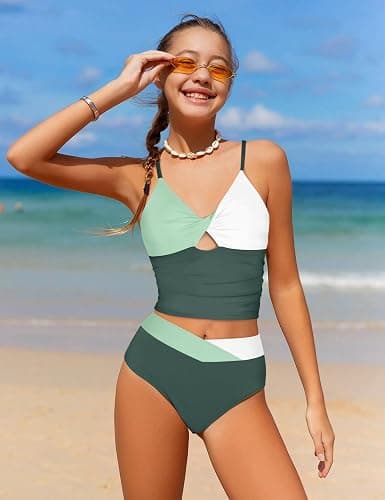 Doumlop Girls Swimsuit Color Block Girls Bathing Suit Twist Tankini Set Two Piece Girl Swimwear Bikini Set for 9-16 Years thumbnail 2