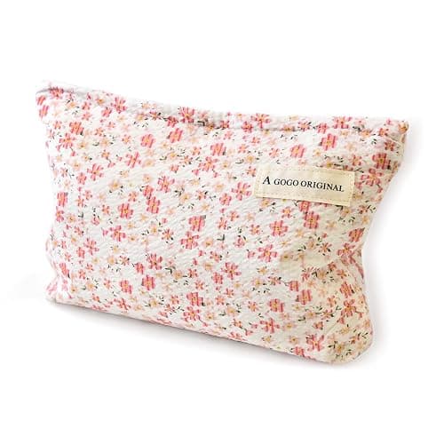 Aesthetic Makeup Bag Cotton, Quilted Floral Make up Bags, Travel Toiletry Bag Women, Daily Use Cosmetic Bags for Girls, Pink Makeup Bag for Purse, Cosmetics Organizer Pouch - Image 1
