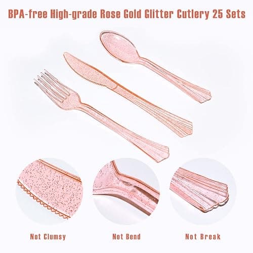 AIRE 175PCS Pink Rose Gold Plates Party Supplies Severs 25 Guests Disposable Party Decorations, Plastic Forks Knives Spoons, Golden Dot Paper Plates Napkins Cups for Baby Shower Birthday Wedding thumbnail 6
